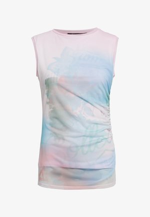 Ärmelloses Oberteil aus leichten Stoff mit einem Farbverlauf von Pastellrosa zu Pastellblau, das an der Seite gerafft ist und dezente Grafiken aufweist.