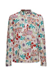 Blouse à manches longues avec un motif floral en rouge, rose, vert et violet sur un fond clair. Col mandarin avec un devant boutonné.