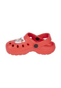 Red plastic clog featuring ventilation holes, a rear strap, and a graphic design on the upper depicting cartoon characters.