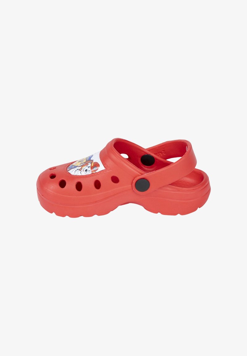 Red plastic clog featuring ventilation holes, a rear strap, and a graphic design on the upper depicting cartoon characters.