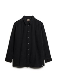 Zwarte lange mouwen shirt van gestructureerde stof met een knoopsluiting aan de voorkant, een klassieke kraag en een enkele borstzak.