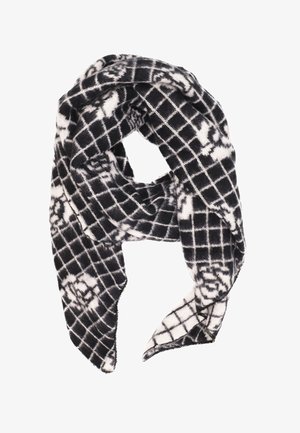 Sciarpa a scacchi bianca e nera realizzata in tessuto morbido e peloso. Presenta un motivo a reticolo con accenti floreali e bordi rifiniti.