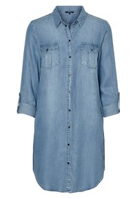 Denim-mekko vaaleansinisessä värissä, pitkät hihat, joissa on käärittävät napit, kaksi rintataskua, nappikiinnitys edessä ja kaareva helma.