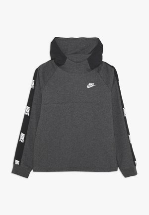Sweat à capuche Nike gris foncé avec des panneaux d'épaule noirs et des logos Nike blancs sur la poitrine et les manches.