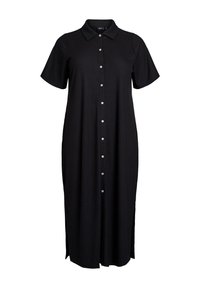 Vestito a camicia nero a coste con maniche corte, colletto e chiusura frontale con bottoni. Presenta delle spaccature laterali per facilitare i movimenti.
