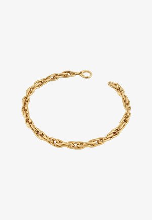 Gouden armband met schakels die in elkaar grijpen, voorzien van een glad, glanzend oppervlak en een veerringsluiting. Heldere, gepolijste afwerking.