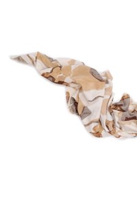Sciarpa leggera di colore crema con motivi astratti in beige e marrone, caratterizzata da una texture morbida e frange sui bordi per un tocco in più.