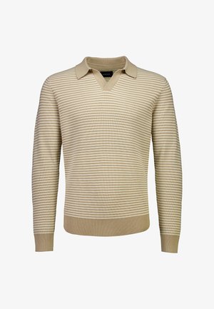Beige en wit gestreepte, gebreide trui met lange mouwen, voorzien van geribbelde boorden en zoom, met een beige kraag en V-hals detail.