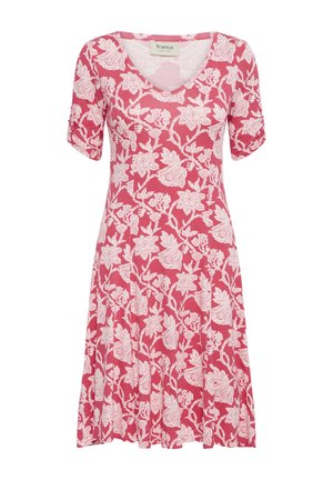 Rochie roz cu mâneci scurte, model floral alb, decolteu în V și mâneci ușor adunate, lungime până la genunchi și croială lejeră.