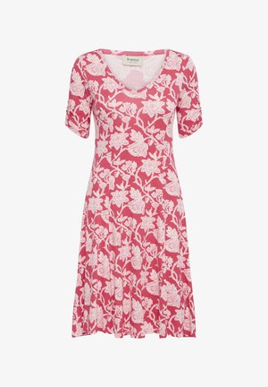 Rochie roz cu mâneci scurte, model floral alb, decolteu în V și mâneci ușor adunate, lungime până la genunchi și croială lejeră.