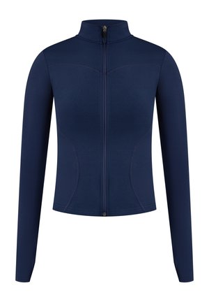 Marineblauwe zip-up jas met lange mouwen, een hoge kraag, platte naden en een getailleerde snit, gemaakt van een rekbaar materiaal.