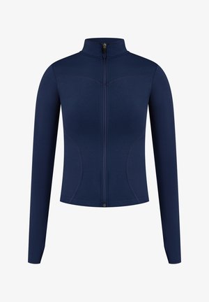 Veste zippée bleu marine avec manches longues, un col montant, des coutures plates et une silhouette ajustée, fabriquée dans un matériau extensible.