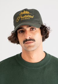 Green cap with yellow embroidered text "Prohibited 10119 Berlin" and an olive branch design; worn with a dark green sweater.