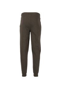 Dark olive green jogger pants, made of soft cotton blend, featuring an elastic waistband, cuffed ankles, and side pockets.