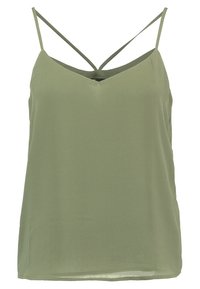 Top senza maniche color verde oliva con sottili spalline doppie e scollatura a V, realizzato in tessuto leggero.
