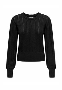 Pull en tricot noir avec un design côtelé, un col rond et de longues manches bouffantes avec des poignets ajustés. Texture légère et longueur courte.