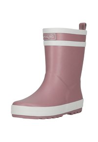 Vaaleanpunaiset kumisaappaat valkoisilla yksityiskohdilla, nilkkakorkeudet, uritettu pohja ja takana vetolenkk. Edessä on siksak-logot.