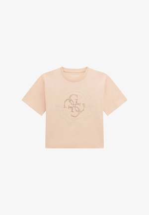 Gaiši persiku krāsas kokvilnas T-krekls ar apaļu kakla izgriezumu un īsām piedurknēm. Centrā ir teksturēts apļveida logo ar lauvas lapu akcentiem.