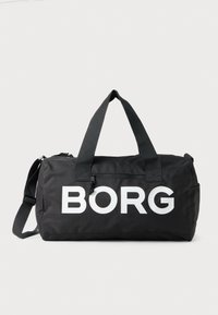 Črn potovalni nahrbtnik z belim logotipom "BORG". Ima dvojne ročaje in nastavljiv ramenski pas. Gladka, trpežna tkanina z zadrgo.