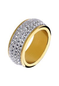 Gold-tone ring featuring a clear crystal-embellished band, smooth interior, and a wide design with circular stones arranged in rows.