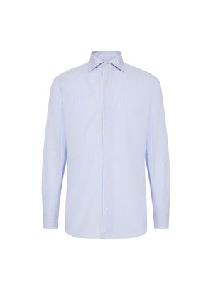 Hele sinine triibuline särk nööpidega kaeluses, pikad varrukad ja valged nööbid. Kangas on sileda tekstuuriga ja klassikalise disainiga.