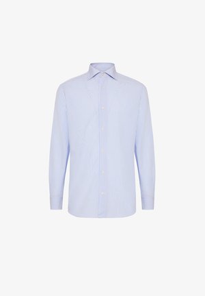 Hele sinine triibuline särk nööpidega kaeluses, pikad varrukad ja valged nööbid. Kangas on sileda tekstuuriga ja klassikalise disainiga.