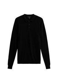 Polo noir à manches longues en tissu lisse, doté d'un col classique et d'une patte à trois boutons ; design simple, sans motifs ni accents.