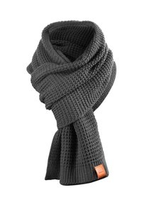 Gray woven scarf with a textured pattern and a smooth finish. Features a stitched brown leather tag on one end.