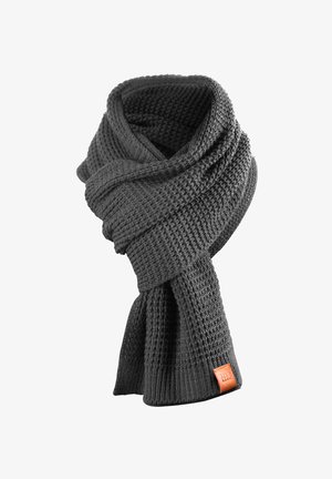 Gray woven scarf with a textured pattern and a smooth finish. Features a stitched brown leather tag on one end.
