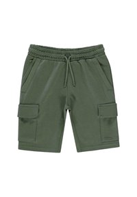 Groene katoenen shorts met een elastische tailleband, koordsluiting, twee zijzakken en twee cargozakken op de dijen.
