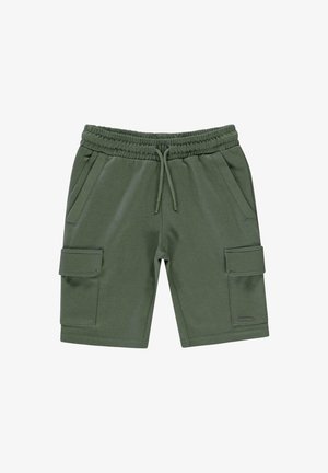 Groene katoenen shorts met een elastische tailleband, koordsluiting, twee zijzakken en twee cargozakken op de dijen.