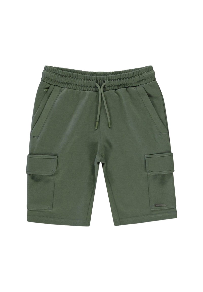 Groene katoenen shorts met een elastische tailleband, koordsluiting, twee zijzakken en twee cargozakken op de dijen.