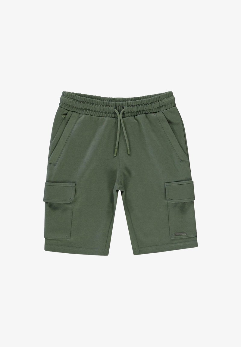 Groene katoenen shorts met een elastische tailleband, koordsluiting, twee zijzakken en twee cargozakken op de dijen.