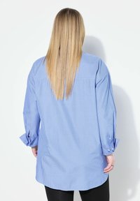Camicia a maniche lunghe a righe blu e bianche, leggermente oversize, con polsini arrotolati e orlo curvo, realizzata in tessuto leggero.