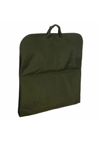 Funda de ropa de tela verde oliva con forma redondeada, rematada con dos asas, con una textura suave y cierre de cremallera a lo largo del lado.