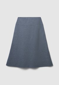 Ein knielanger A-Linien-Rock aus dunkelblauem Stoff mit tailliertem Bund und glatter Textur ohne sichtbare Muster oder Akzente.