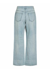 Blugi largi de culoare albastru deschis, cu talie înaltă, având două buzunare în spate și cusături vizibile, fotografiați din spate pe un fundal alb.