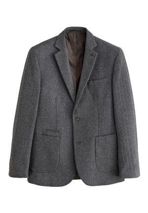 Szürke halszálka mintás gyapjú blézer egy gombbal, bevágott hajtókával, három első zsebbel és sötétbarna belső béléssel.