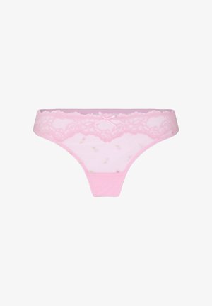 Pink sheer lace bikini panties with a small floral pattern and a satin bow at the center waistband.