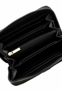 Black leather zip-around wallet with multiple compartments, including card slots and a zippered pocket. Gold hardware accents. Smooth texture.