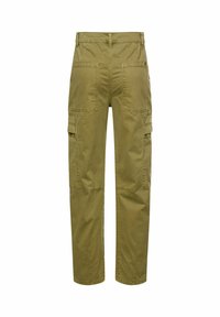 Olivegrüne Cargohosen mit geradem Schnitt, vier großen Taschen an den Seiten, einer glatten Baumwolltextur und einem Bund mit mittlerer Taille.