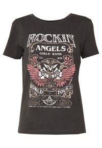 Černé bavlněné tričko s kulatým výstřihem, zdobené grafickým potiskem křídel a květin, textem v bílé a růžové barvě a vintage designem kapely.