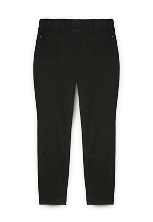 Pantalones de mezclilla negra con cintura elástica. Diseño de pierna recta, costuras mínimas y sin bolsillos visibles ni detalles de hardware.