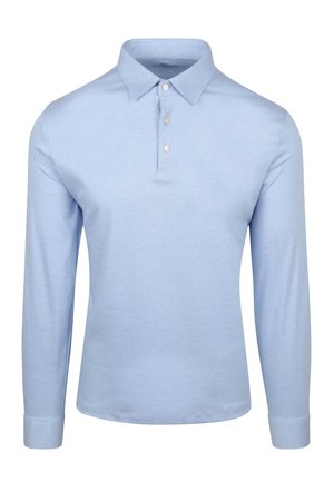 Light blue long-sleeve polo shirt featuring a classic collar, three-button placket, and soft cotton material. Smooth texture, fitted design.
