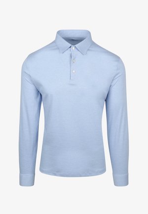 Lichtblauwe polo met lange mouwen, voorzien van een klassieke kraag, een drieknoopsluiting en zacht katoenmateriaal. Gladde textuur, getailleerd ontwerp.