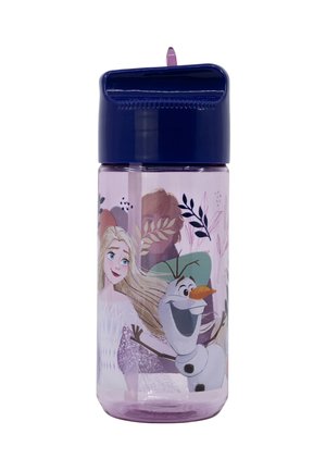 Lila Kunststoff-Wasserflasche mit blauem Klappdeckel, verziert mit Figuren und floralen Mustern auf der Oberfläche.