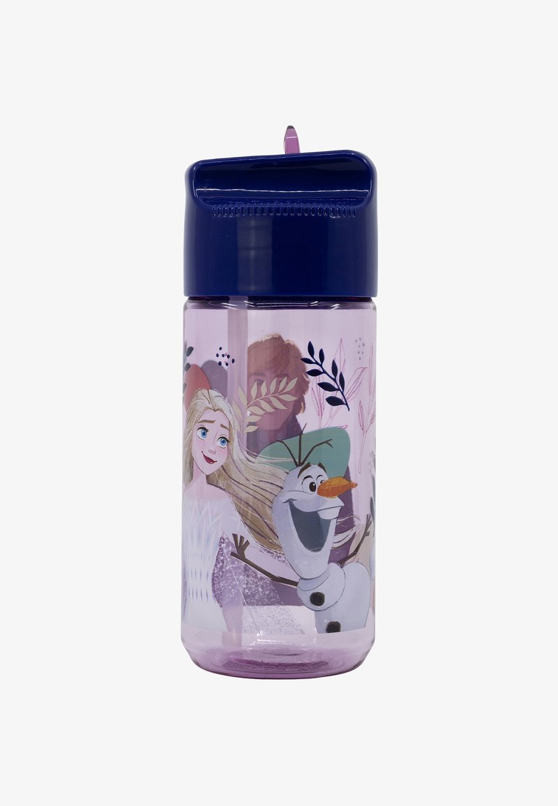 Lila Kunststoff-Wasserflasche mit blauem Klappdeckel, verziert mit Figuren und floralen Mustern auf der Oberfläche.