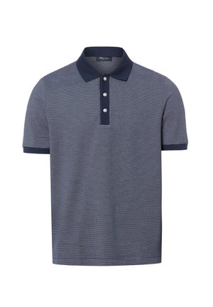 Kurzärmeliges dunkelblaues Poloshirt mit dünnen weißen horizontalen Streifen, dunklem Kragen, Knopfleiste mit drei weißen Knöpfen und gerippten Ärmelbündchen.
