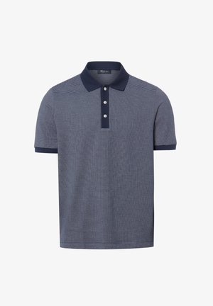 Kurzärmeliges dunkelblaues Poloshirt mit dünnen weißen horizontalen Streifen, dunklem Kragen, Knopfleiste mit drei weißen Knöpfen und gerippten Ärmelbündchen.