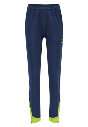 Marineblauwe sportbroek met een gestructureerde afwerking, voorzien van een groene accent aan de onderbenen en een comfortabele elastische tailleband.